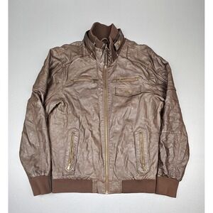 Guess Jacket Mens Large. Brown Faux Leather Motorcycle Zip Pockets‎ Mock Neck